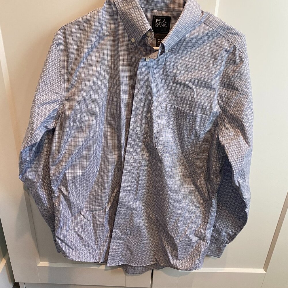 Jos. A. Bank Traveler Travel Tech Shirt, Gray/Blue, Slim Fit, 16.5x35
